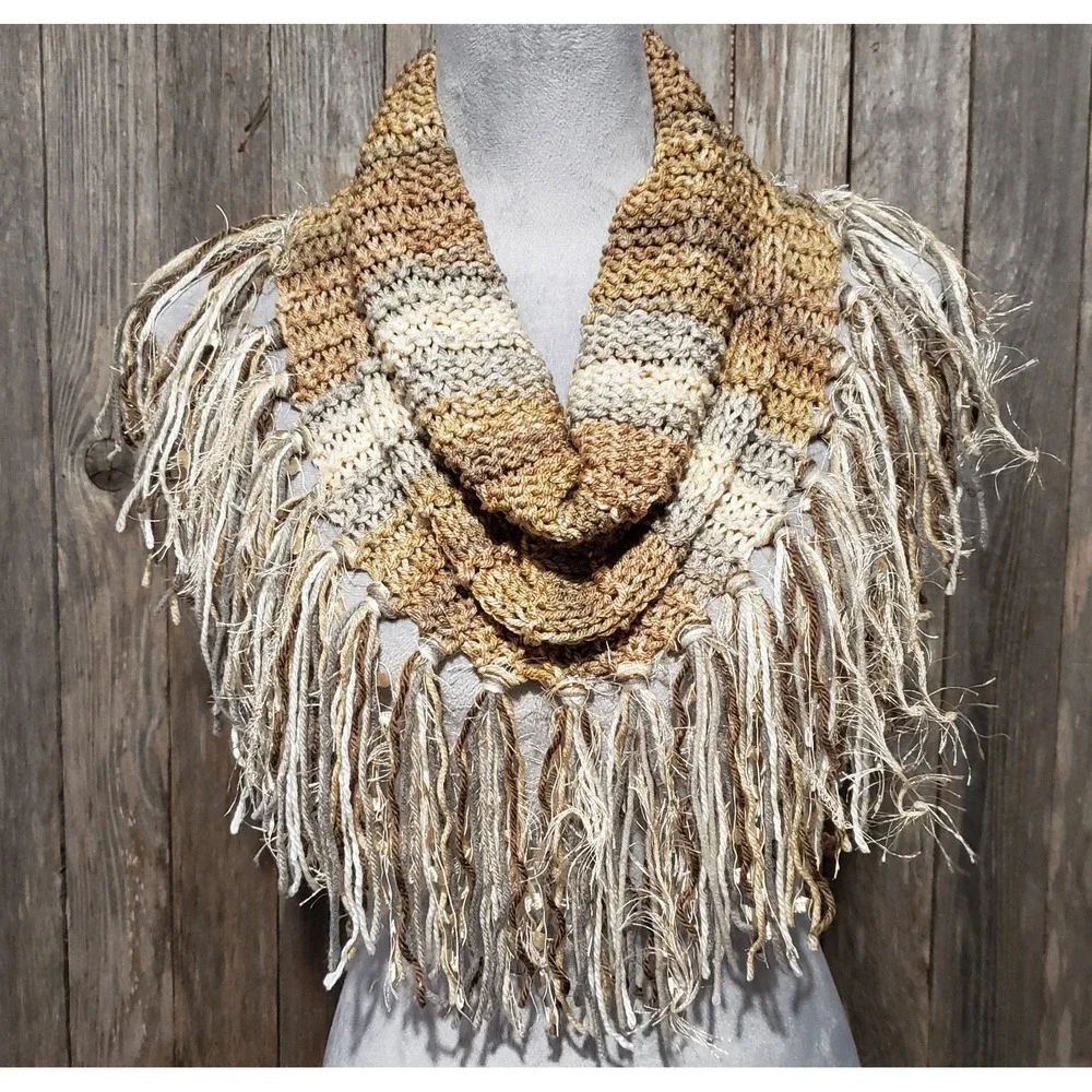 NEW Hand Knitted‎ Tan Gray Cream Boho Cowl Scarf Earthy Indie Artsy Cottagecore